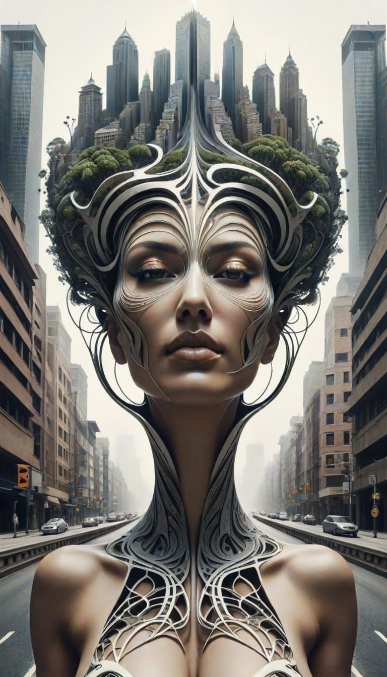 Surreal Fractal Woman with Cityscape Head