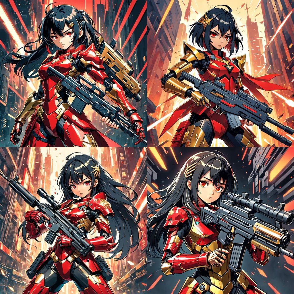 Cyberpunk Warrior in Vibrant Red and Gold Armor