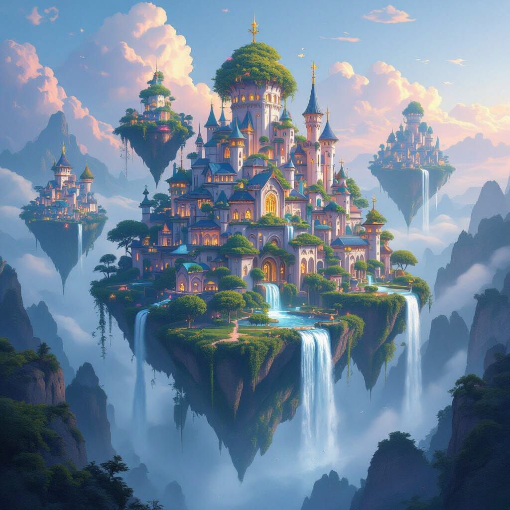 Fairytale City on Floating Islands at Twilight