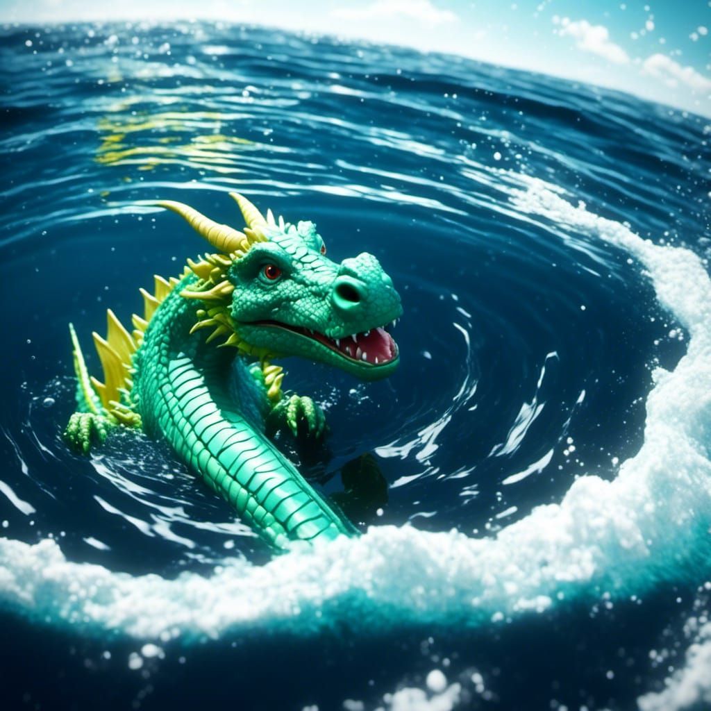 Photorealistic Chibi Dragon Swimming with Water Effects