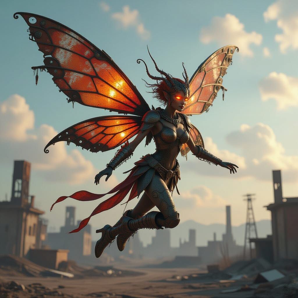 Scrap Metal Fairy Soaring Over Wasteland as Detailed Matte P...