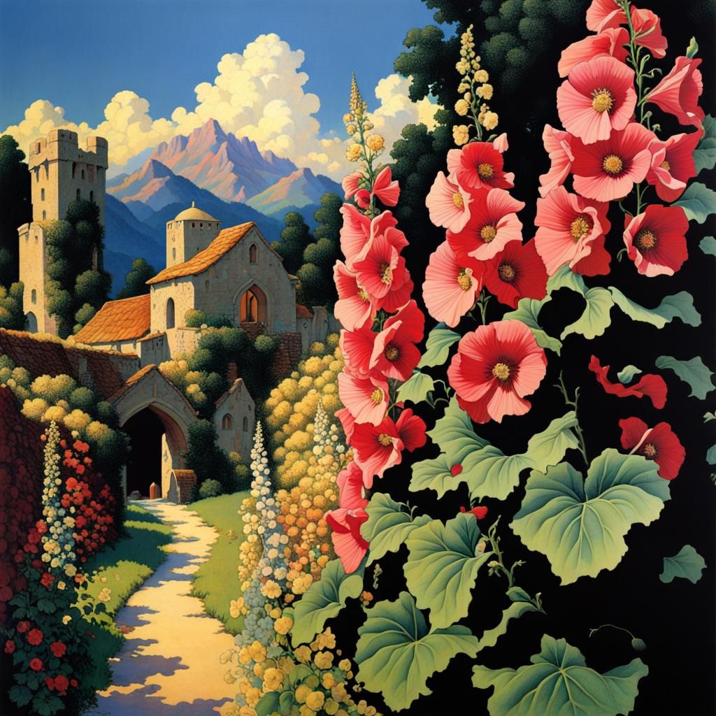 Medieval Hollyhocks in Golden Age Anime Style