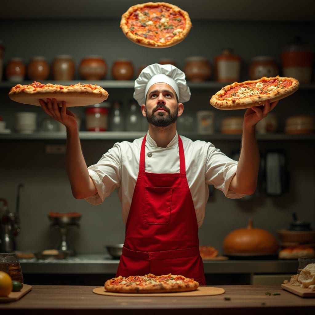 Pizza Chef Juggling Pizzas in Kitchen: Editorial Photography