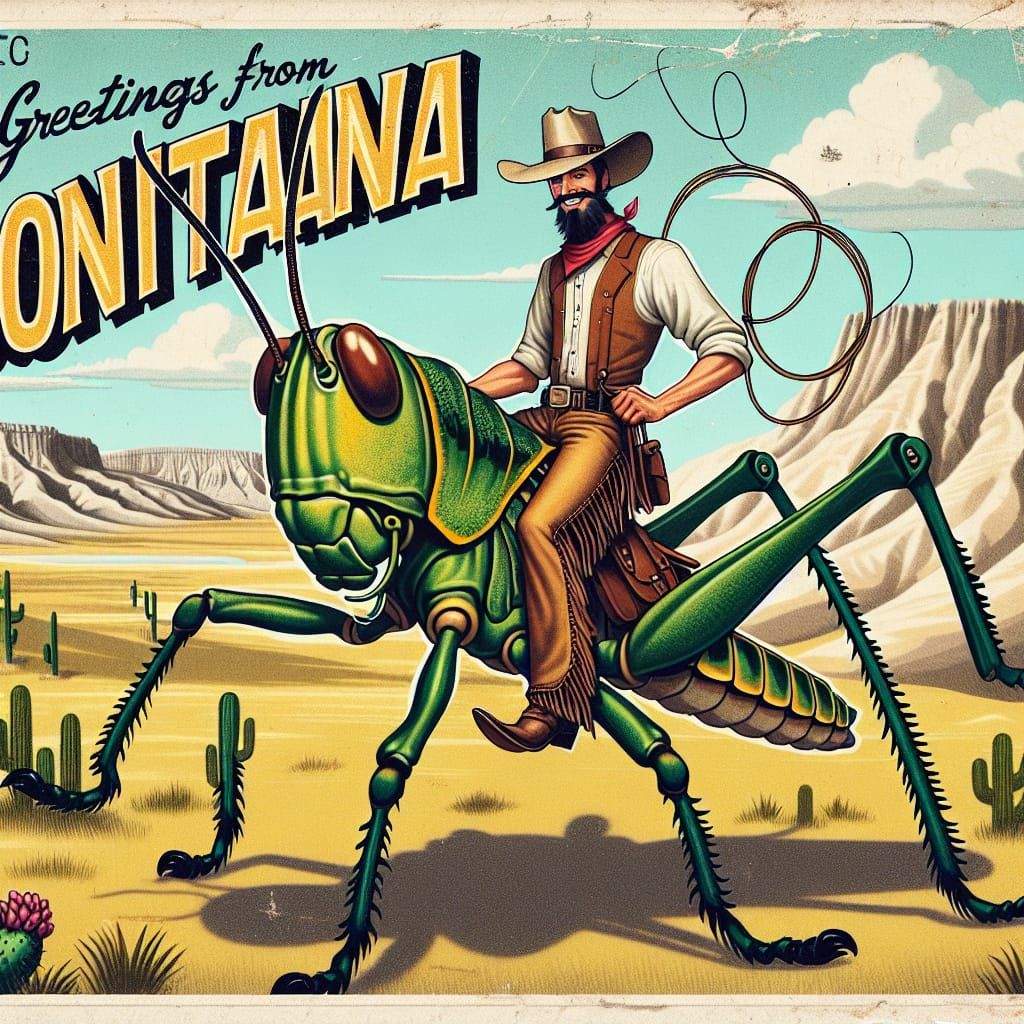 Montana Cowboy Rides Giant Grasshopper: Vintage Illustration