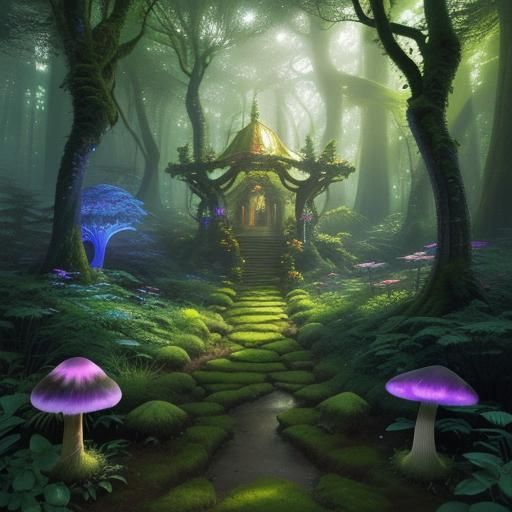 Mystical Druid Surrounded by Glowing Mushrooms in a Vibrant ...