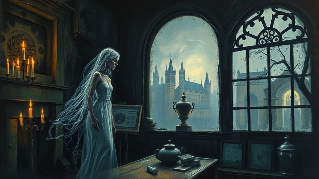 Haunted House with Ghost in Impasto Style