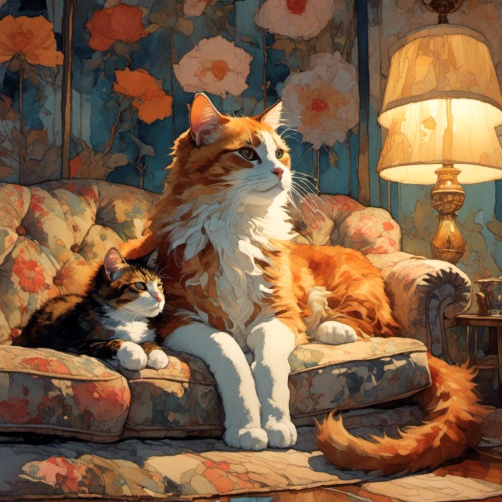 Cats on Floral Sofa in Film Noir Lighting