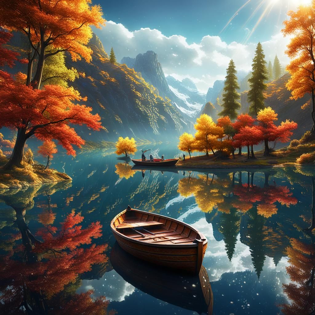 Colorful Indian Summer Lake Reflection in Detailed Painting