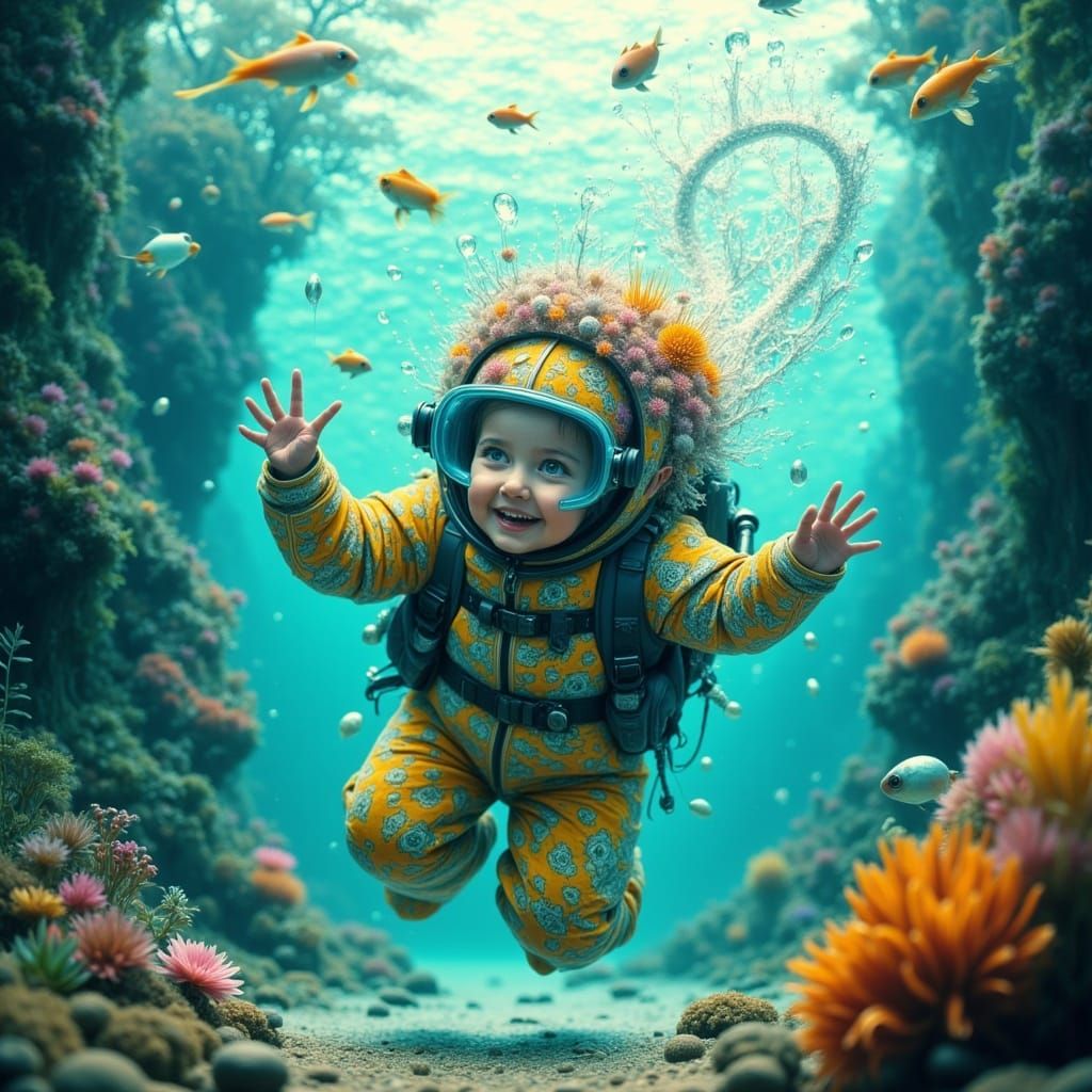Baby Scuba Diver Laughing with Fish in Whimsical Style