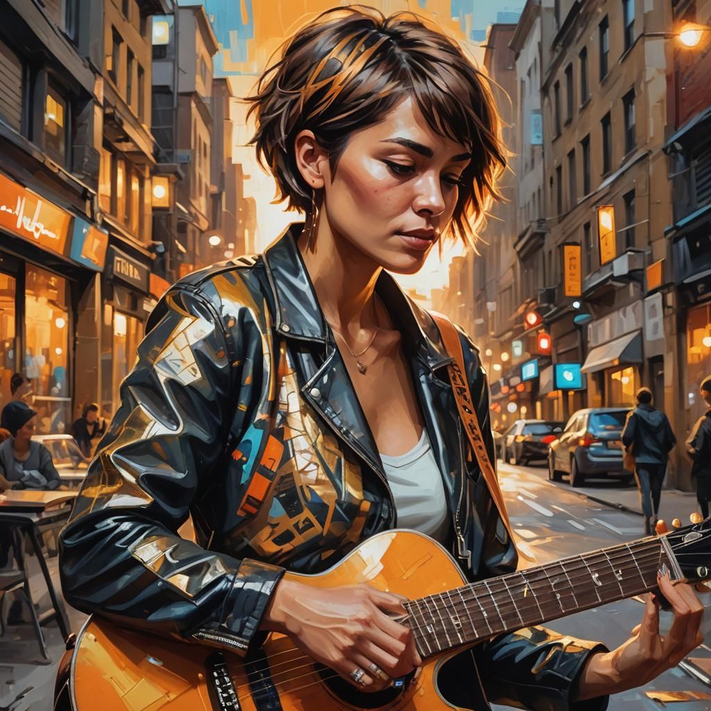 Woman Plays Guitar in Trendy City: Oil Painting