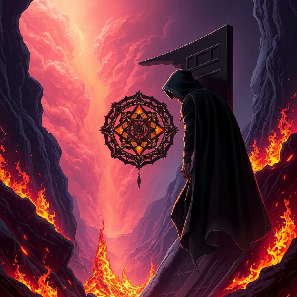 Fantasy Portal with Cloaked Figure and Magic Artifact