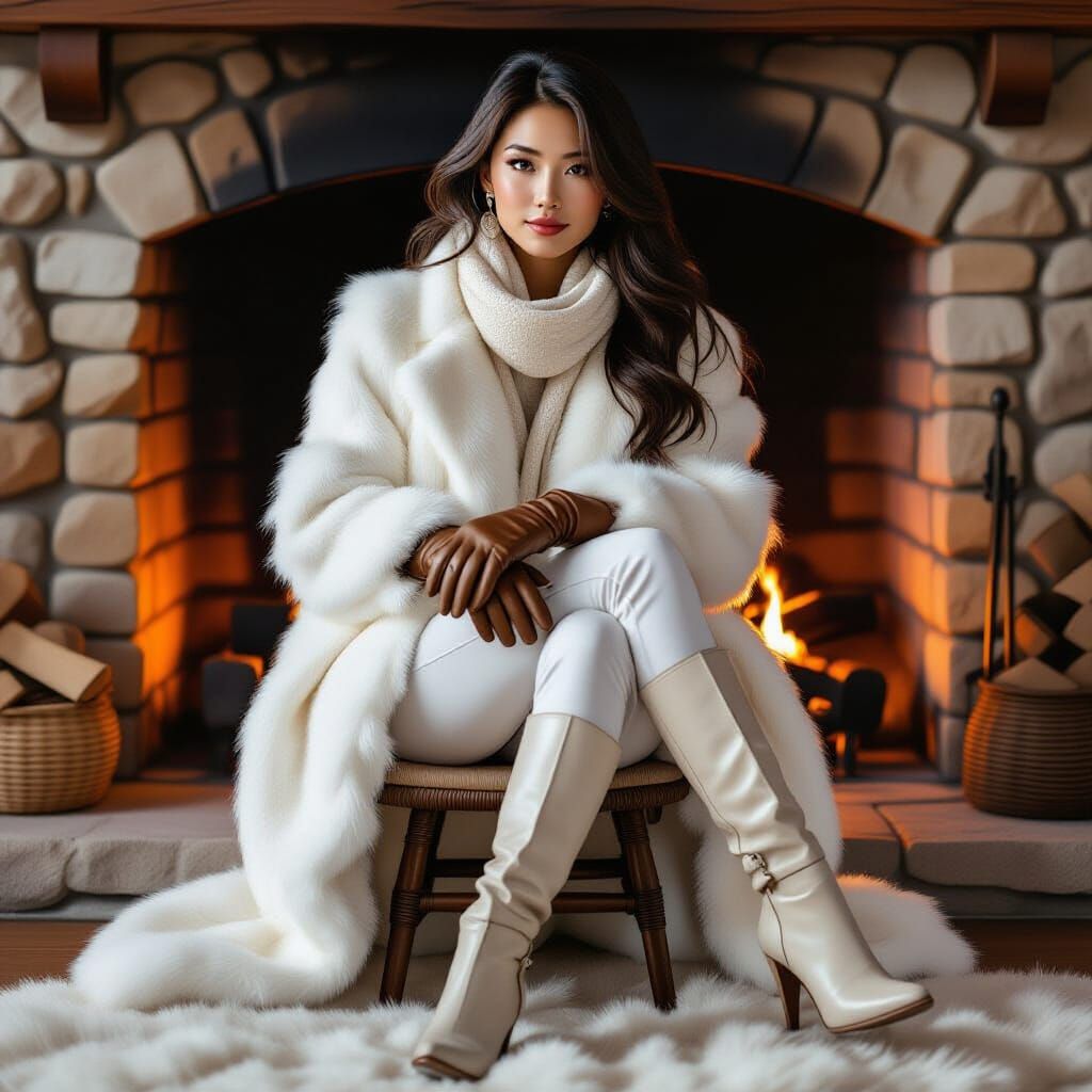 Realistic Asian Woman in Fur Coat by Fireplace