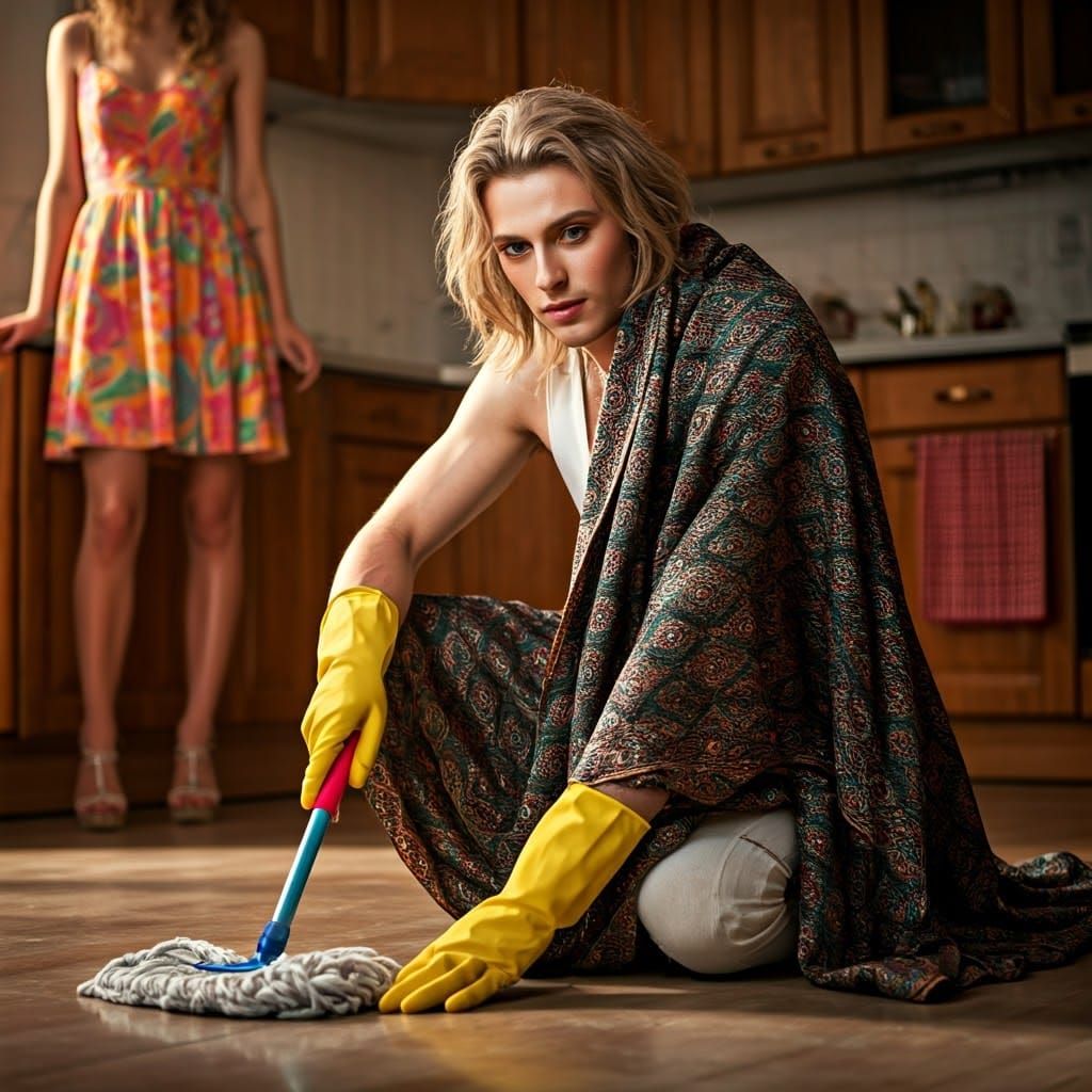 Young Man in Chador, Cleaning with Gentle Glow