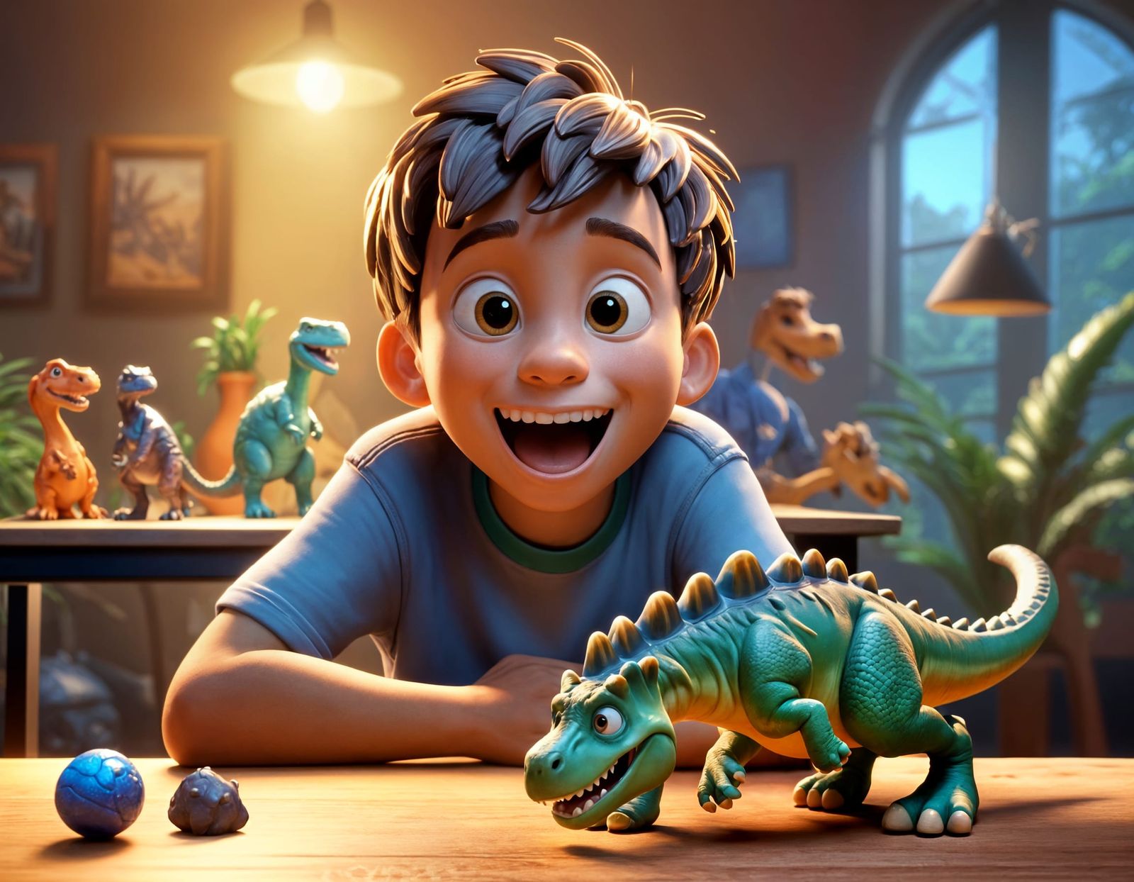Excited Boy Plays with Dinosaurs: 3D Digital Art