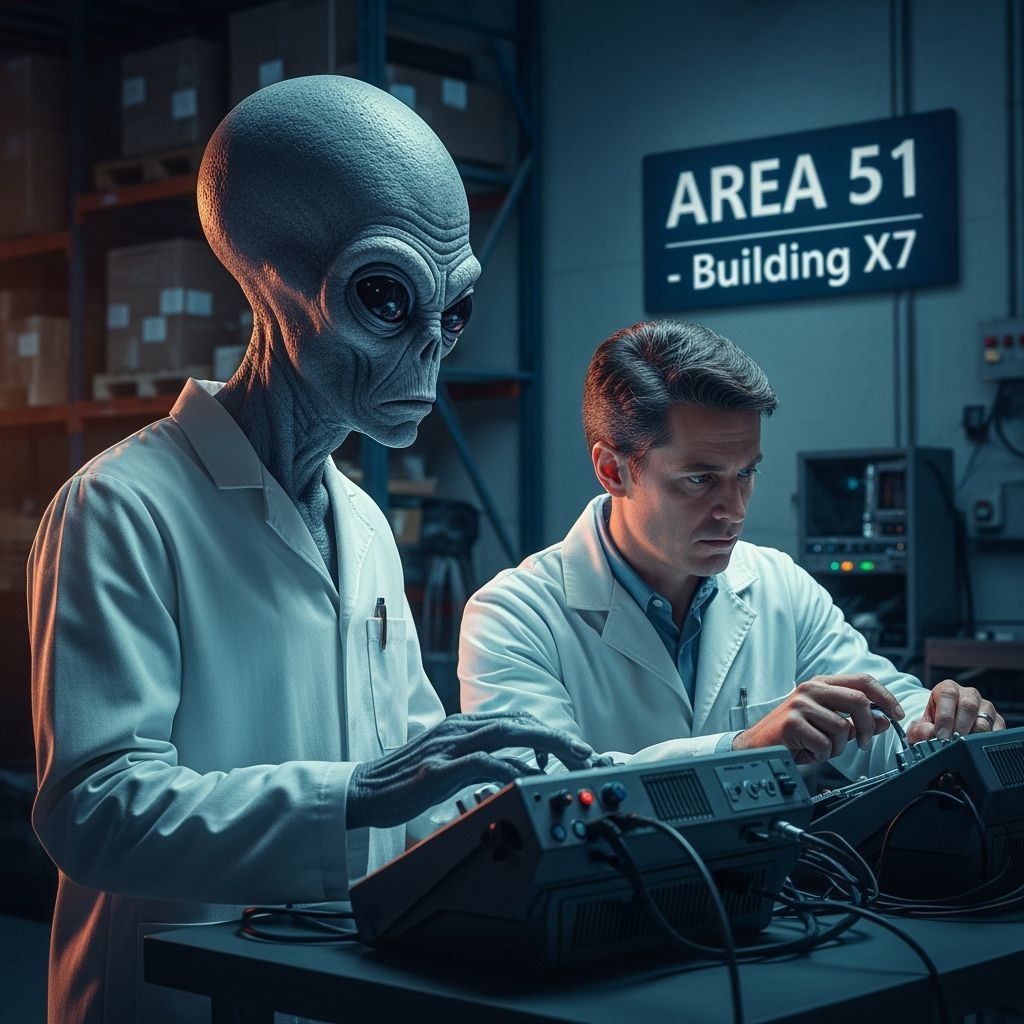 Alien and Scientist in Area 51 Warehouse