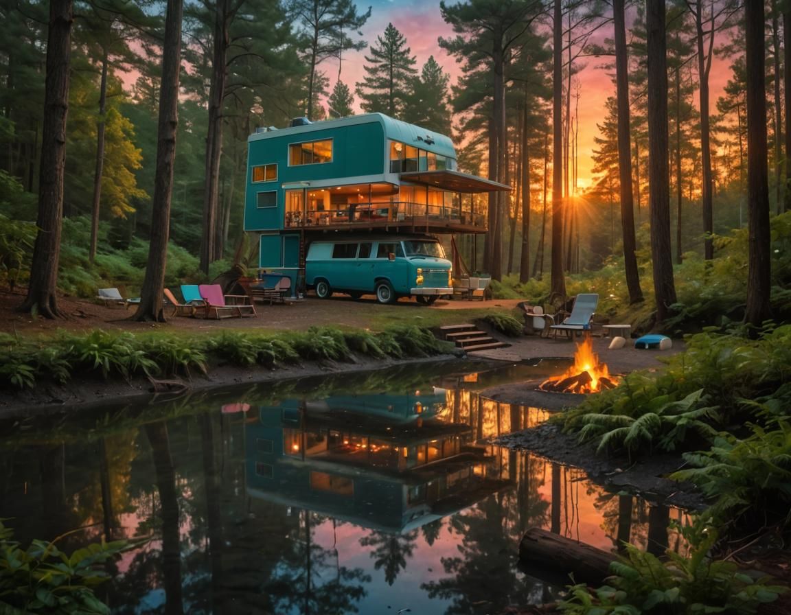 Ultramodern House with Teal Van at Sunset