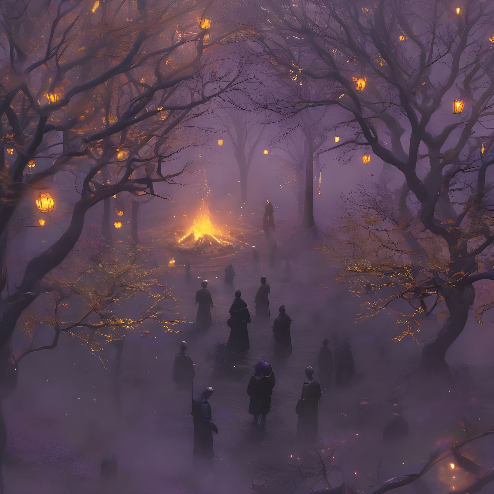 Enchanting Samhain Bonfire in Isometric Dark Fantasy