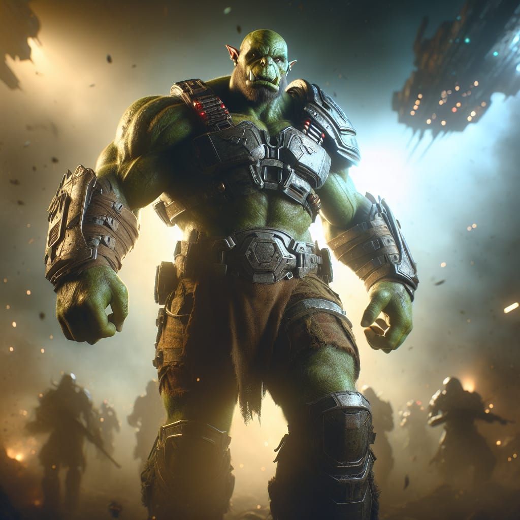 Sci-Fi Orc Warrior in Futuristic Battlefield Setting