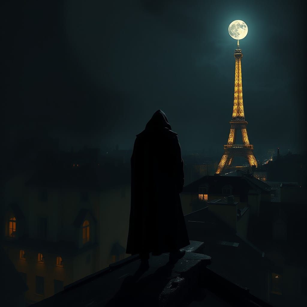 Lone Figure on Parisian Rooftop Under Moonlight