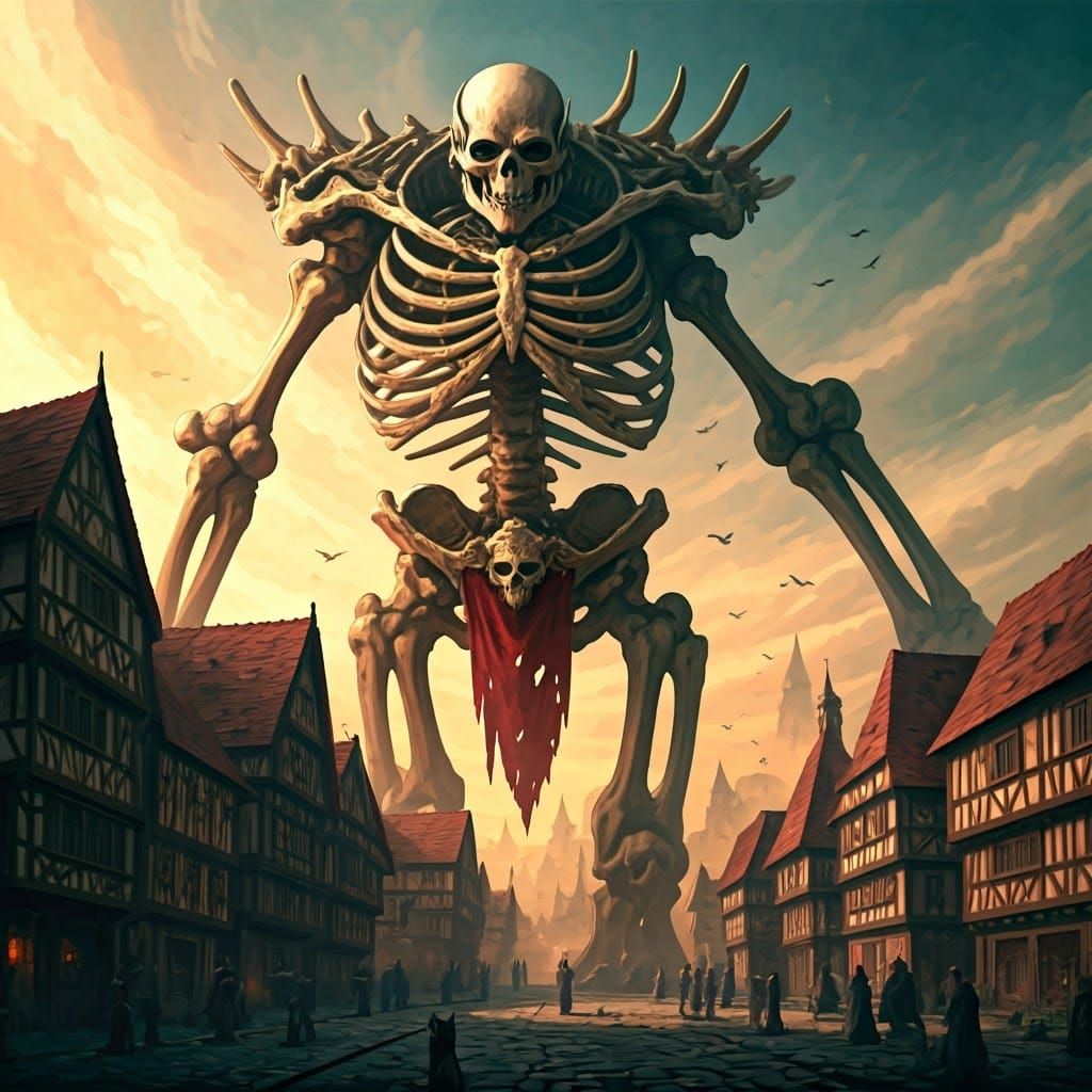Giant Bone Mecha Attacks Medieval Town