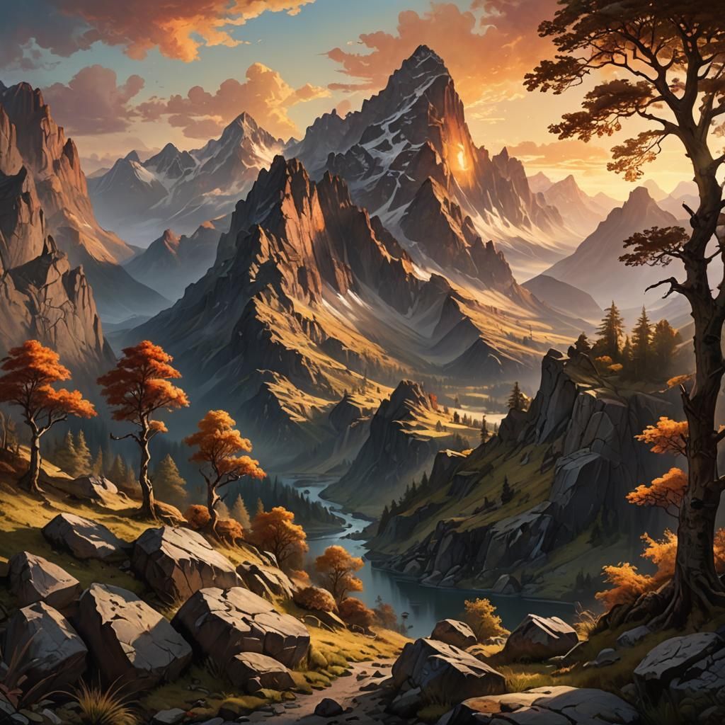 Majestic Mountain Range at Sunrise as Oil Painting