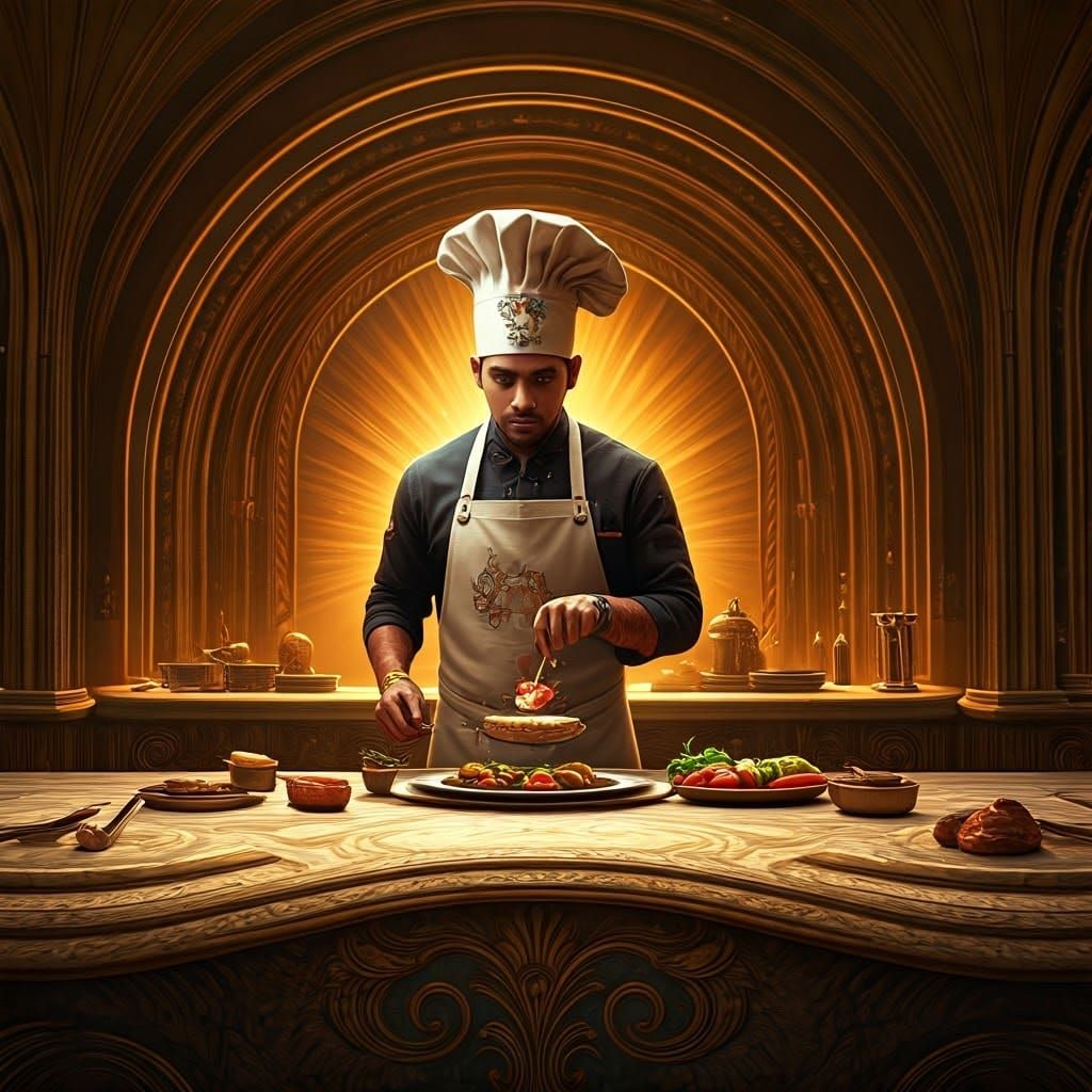 Chef in Grand Kitchen: Trending Artstation Concept