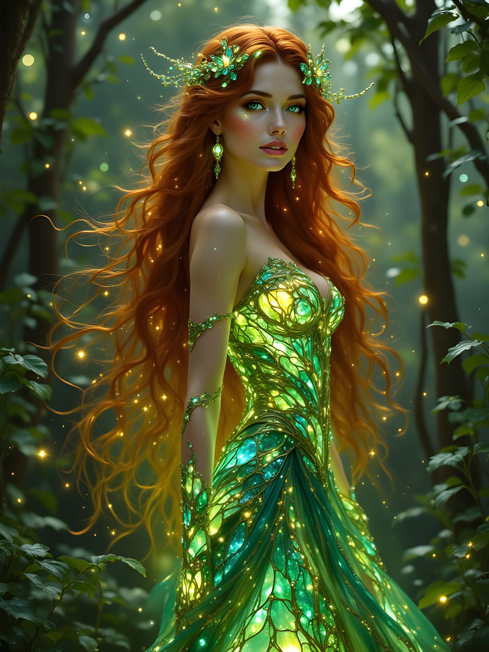 Ethereal Elven Woman in Twilight Grove, Art Nouveau Style