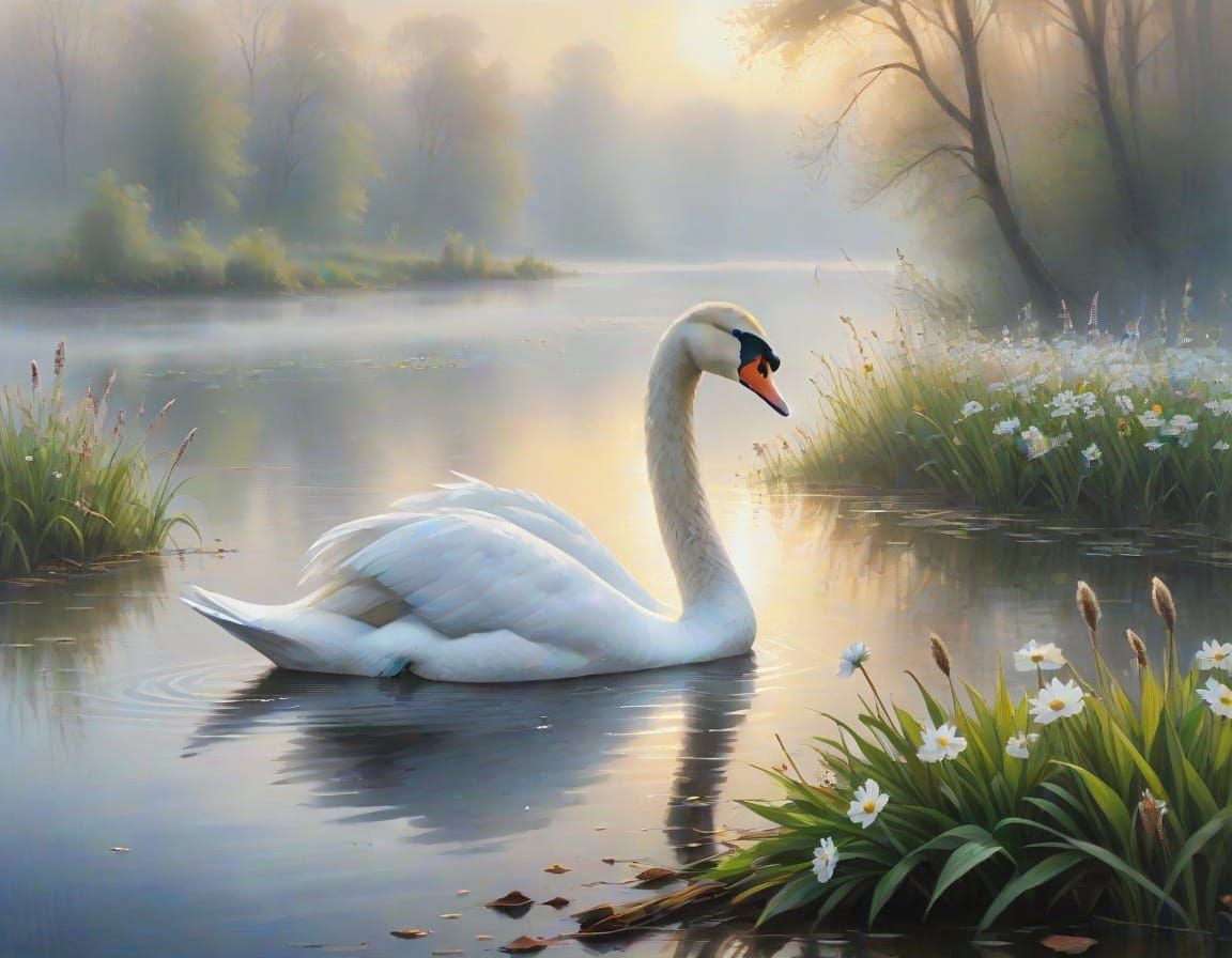 White Swan Emerges from Mist on Lake: Oil Painting
