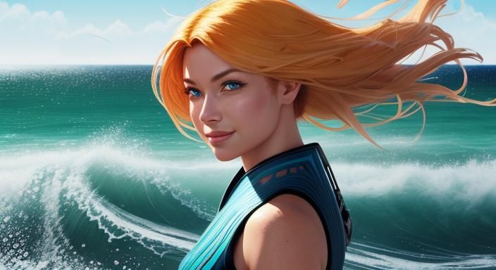 Smiling Woman on Sunny Beach in Digital Art Style