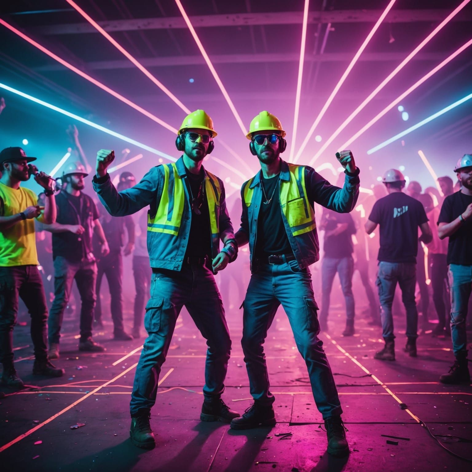 Construction Workers Rave with Neon Lasers