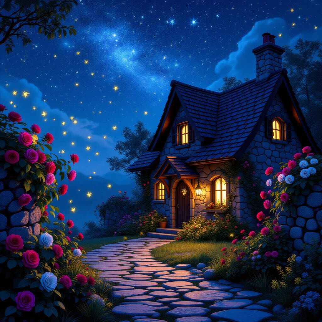 Quaint Cottage Under Starry Sky: Fantasy Concept Art