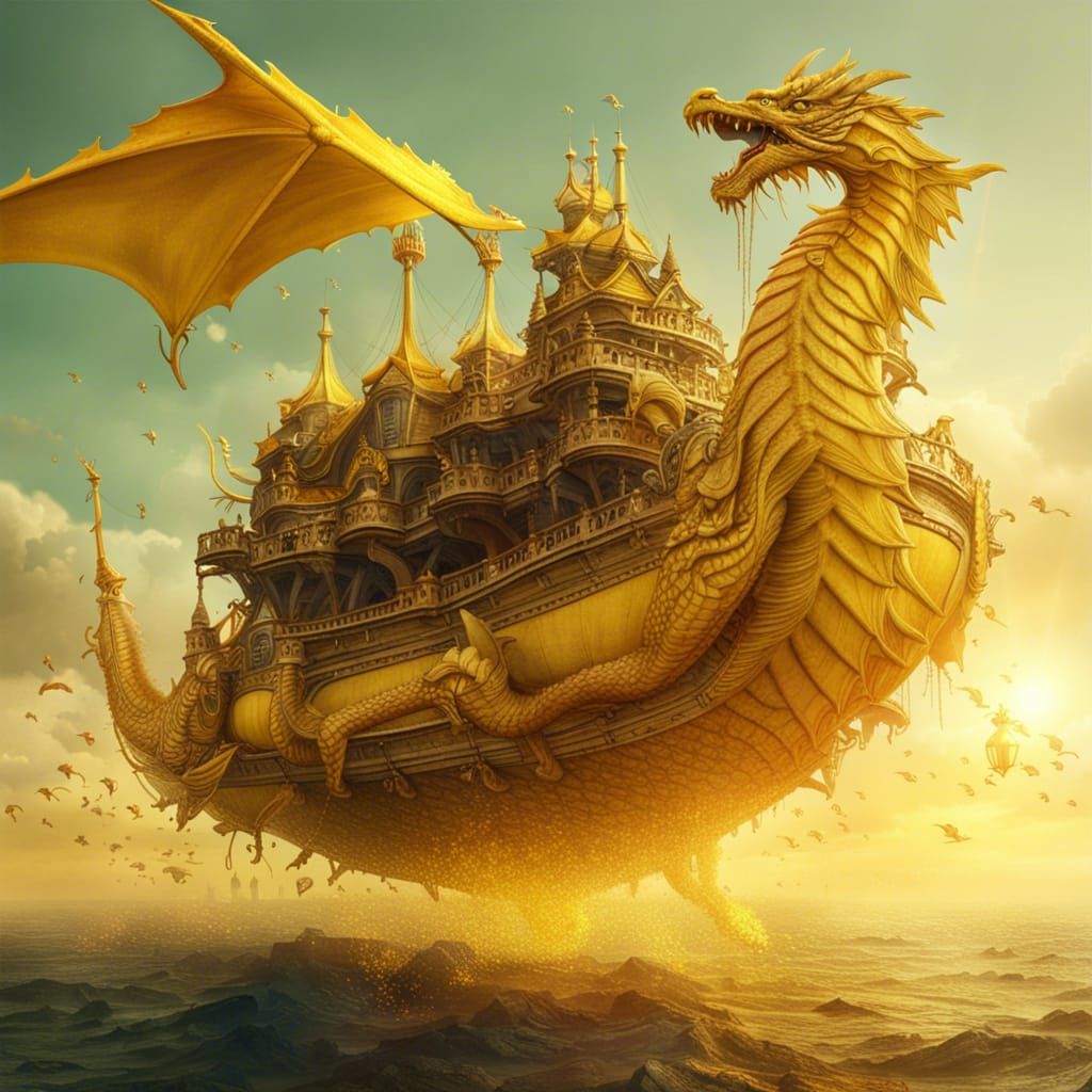 Fantastical Flying Ship Pulled By Dragon