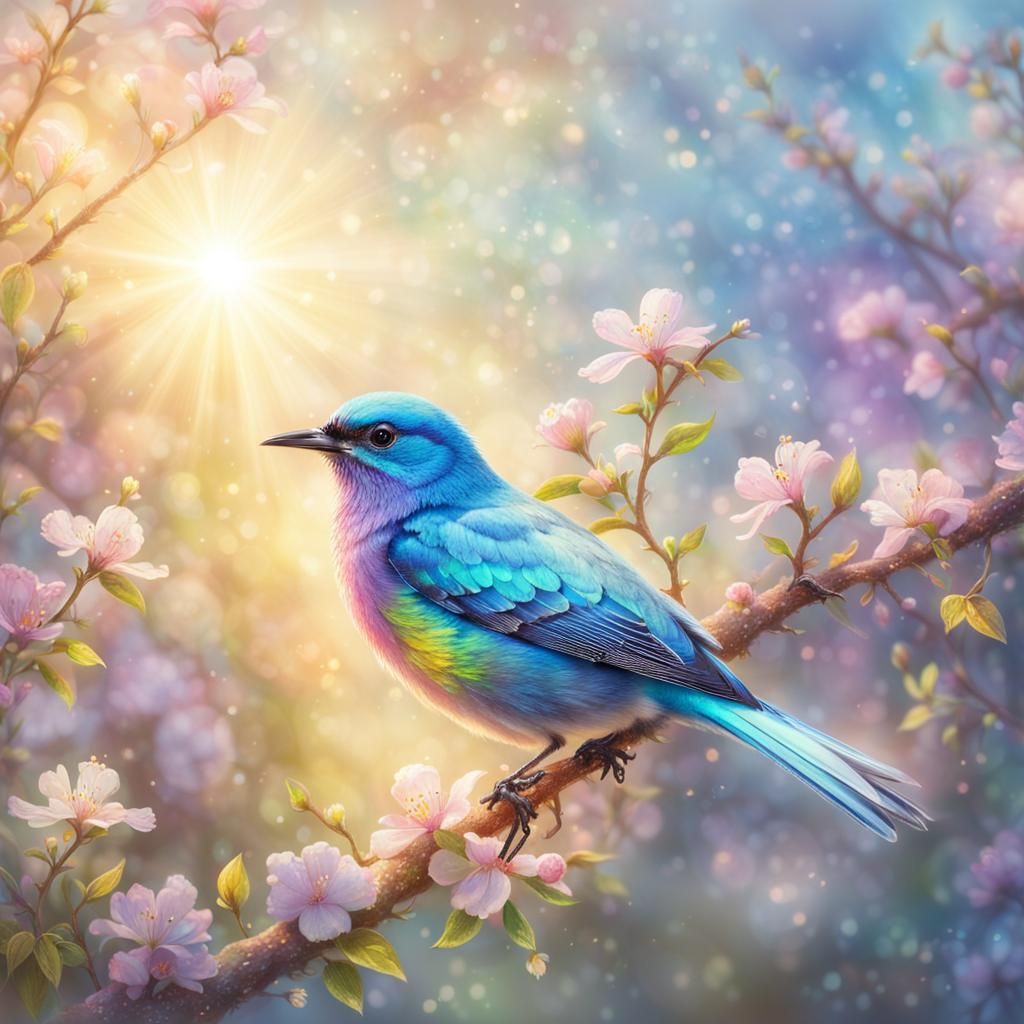 Iridescent Bird on Blooming Branch in Sunlight