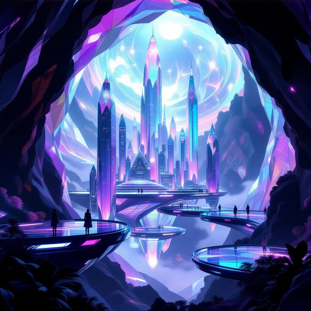 Alien Metropolis in Geode with Bioluminescent Flora