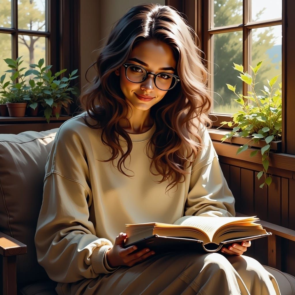 Woman Reading in Cozy Nook, Ink Sketch Style