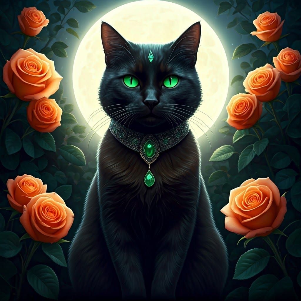 Regal Feline Goddess in a Whimsical Moonlit Garden