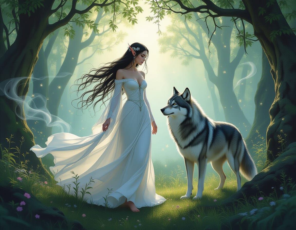 Ethereal Elf in Enchanted Forest with Wolf Companion