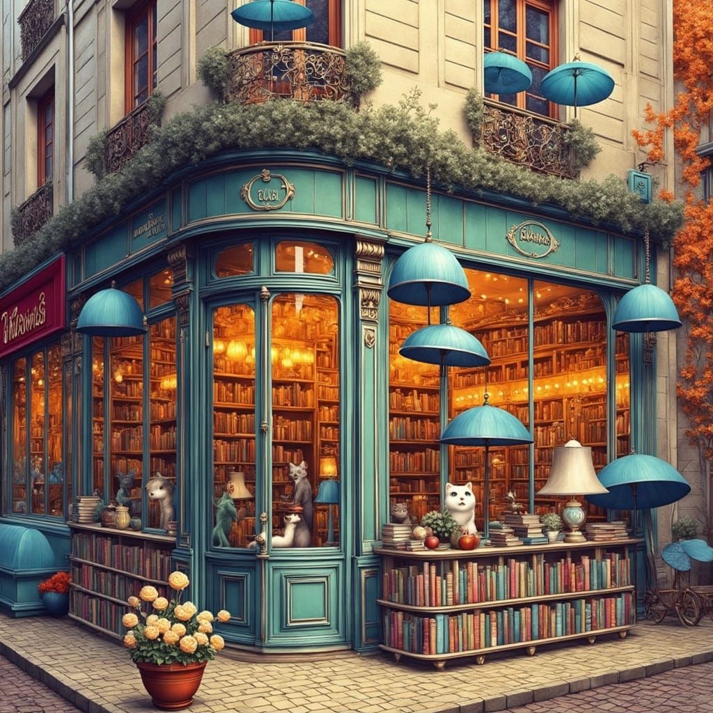 Parisian Bookstore with Cats in Impressionistic Style