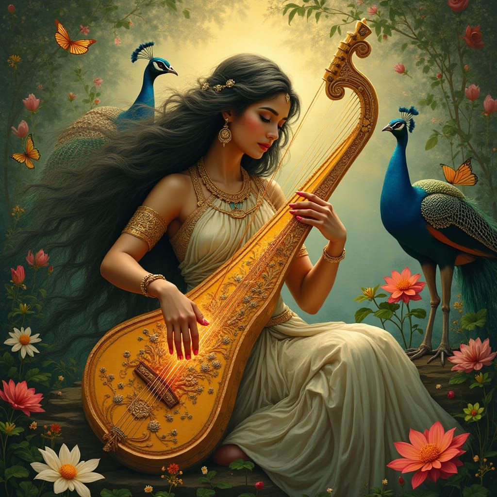 Goddess Saraswati Plays Celestial Harp in Serene Garden with...