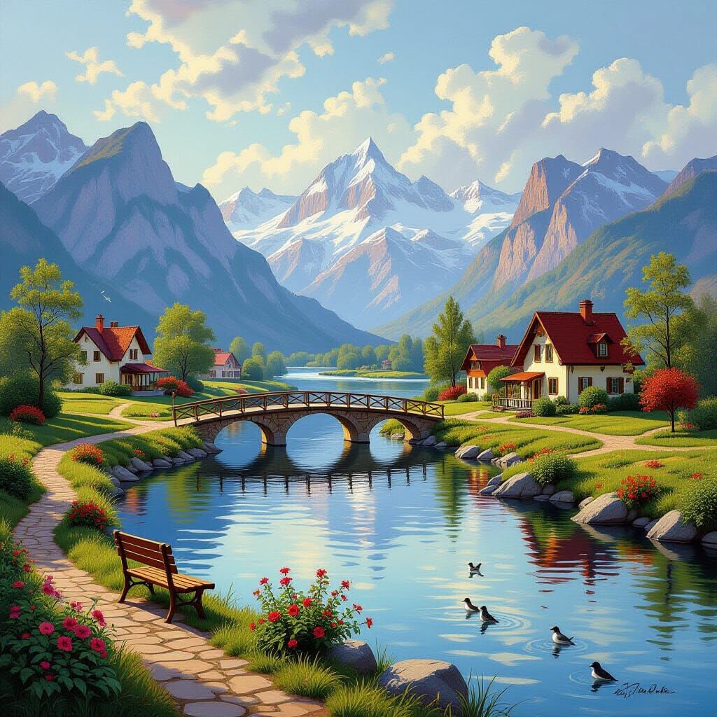 Idyllic Landscape with River, Bridge, and Mountains