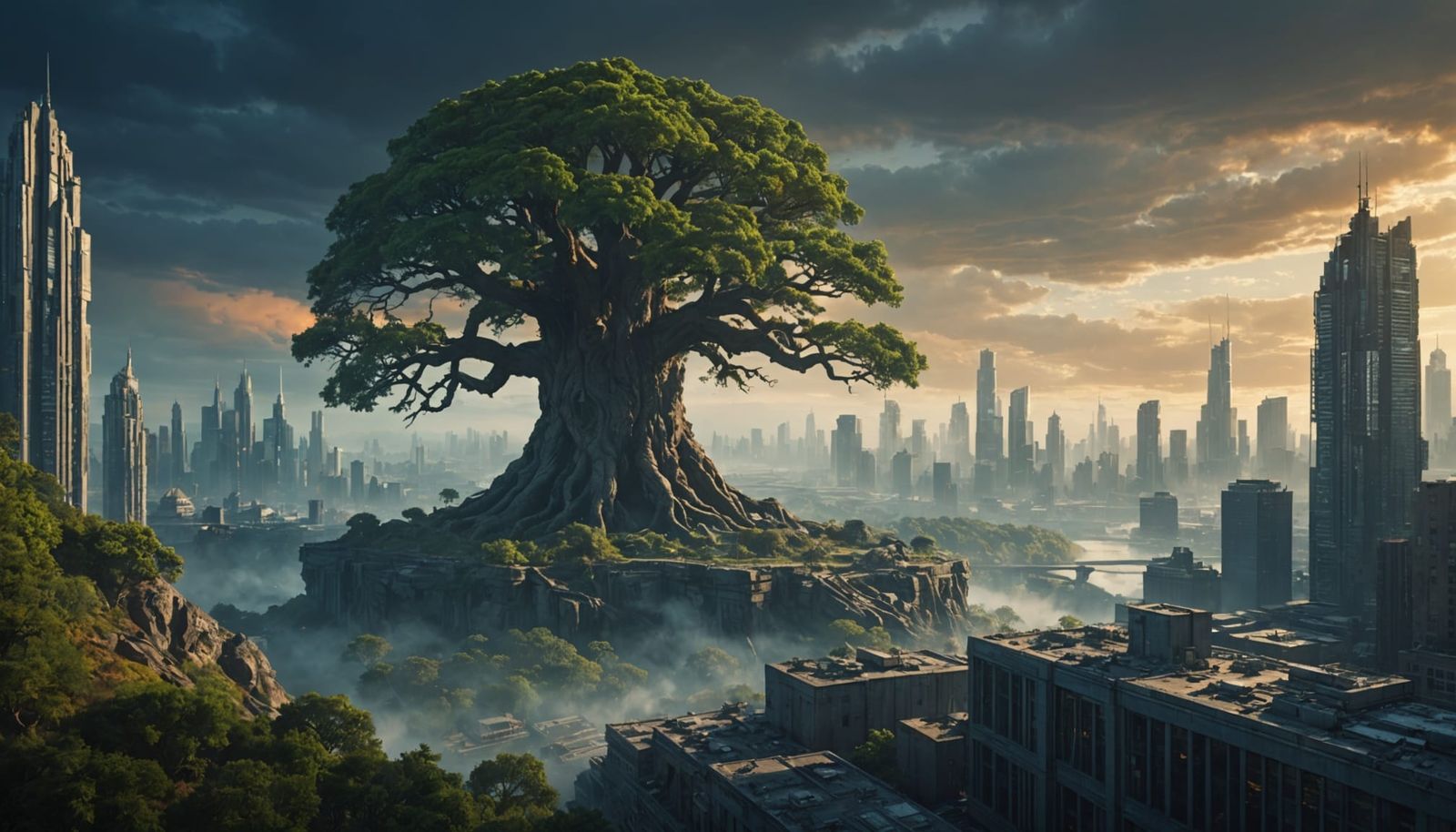 Colossal Tree vs Futuristic Cityscape in Digital Art