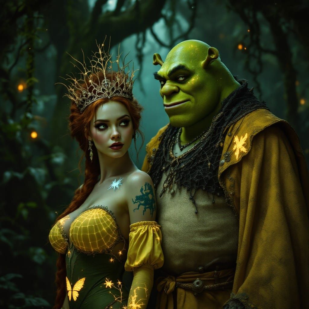 Goth Princess Fiona and Shrek in a Magical Swamp Scene
