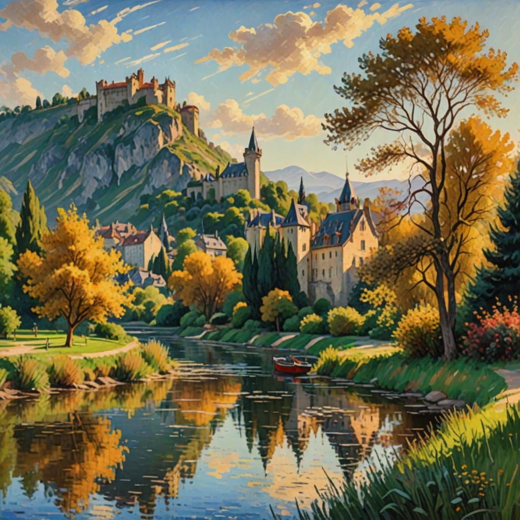 Impressionist Castle Scene with River and Mountains