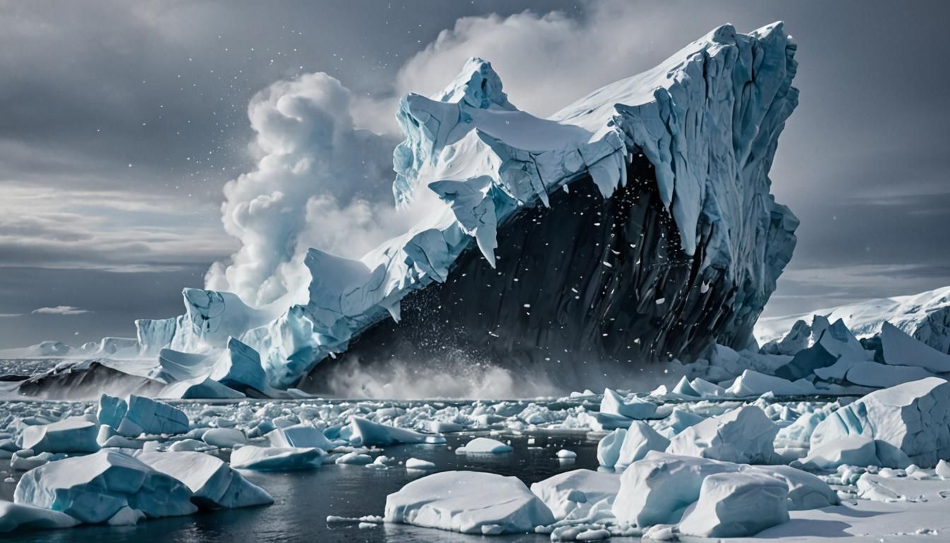 dynamic and dramatic scene of the Arctic. The landscape is dominated by towering icebergs and vast expanses of snow. The...