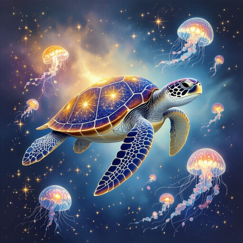 Cosmic Sea Turtle Navigating a Nebula-Filled Ocean