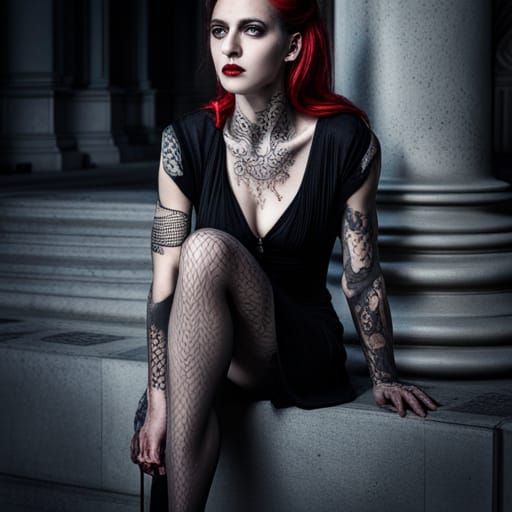 Gothic Tattooed Woman with Sorrowful Expression