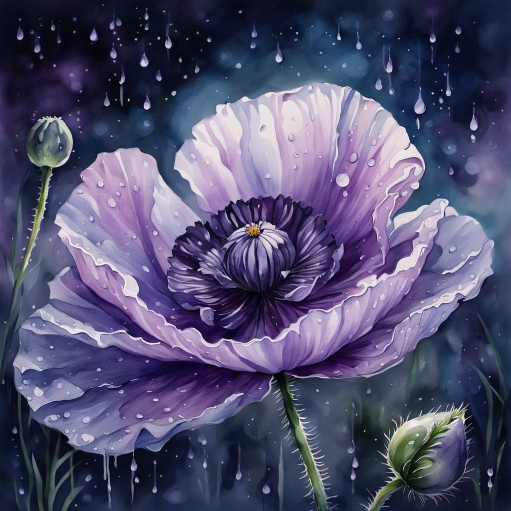Purple Poppy in Moonlight Watercolor Painting