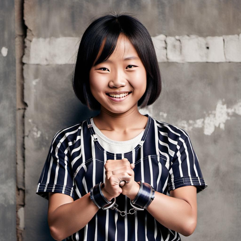 Smiling Girl in Handcuffs Against Prison Wall