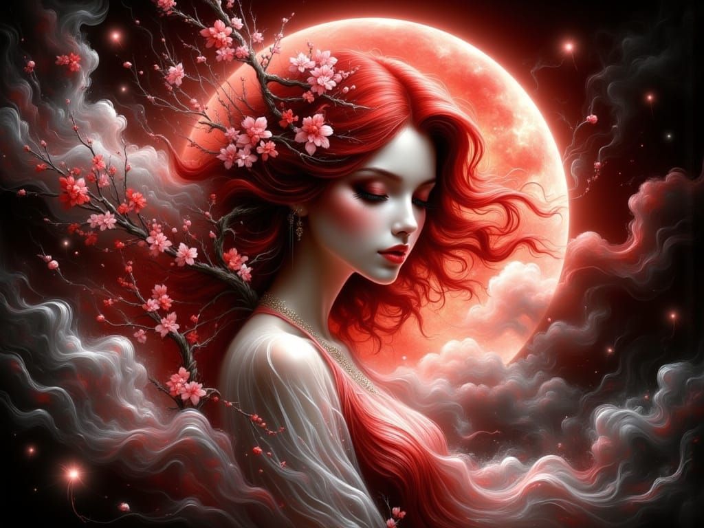 Ethereal Woman with Cherry Blossoms, Dark Fantasy Painting