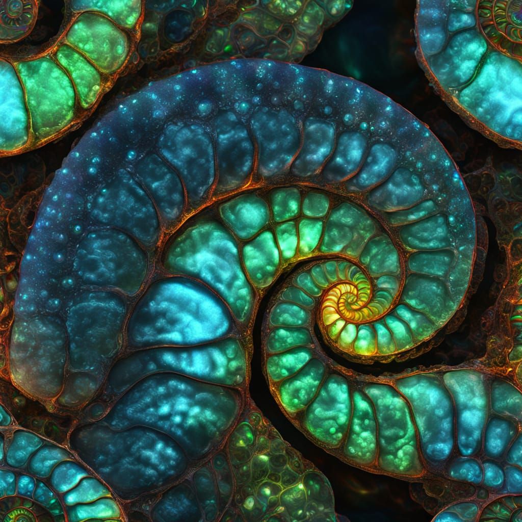 Opalescent Ammonite Fossil with Bioluminescent Glow